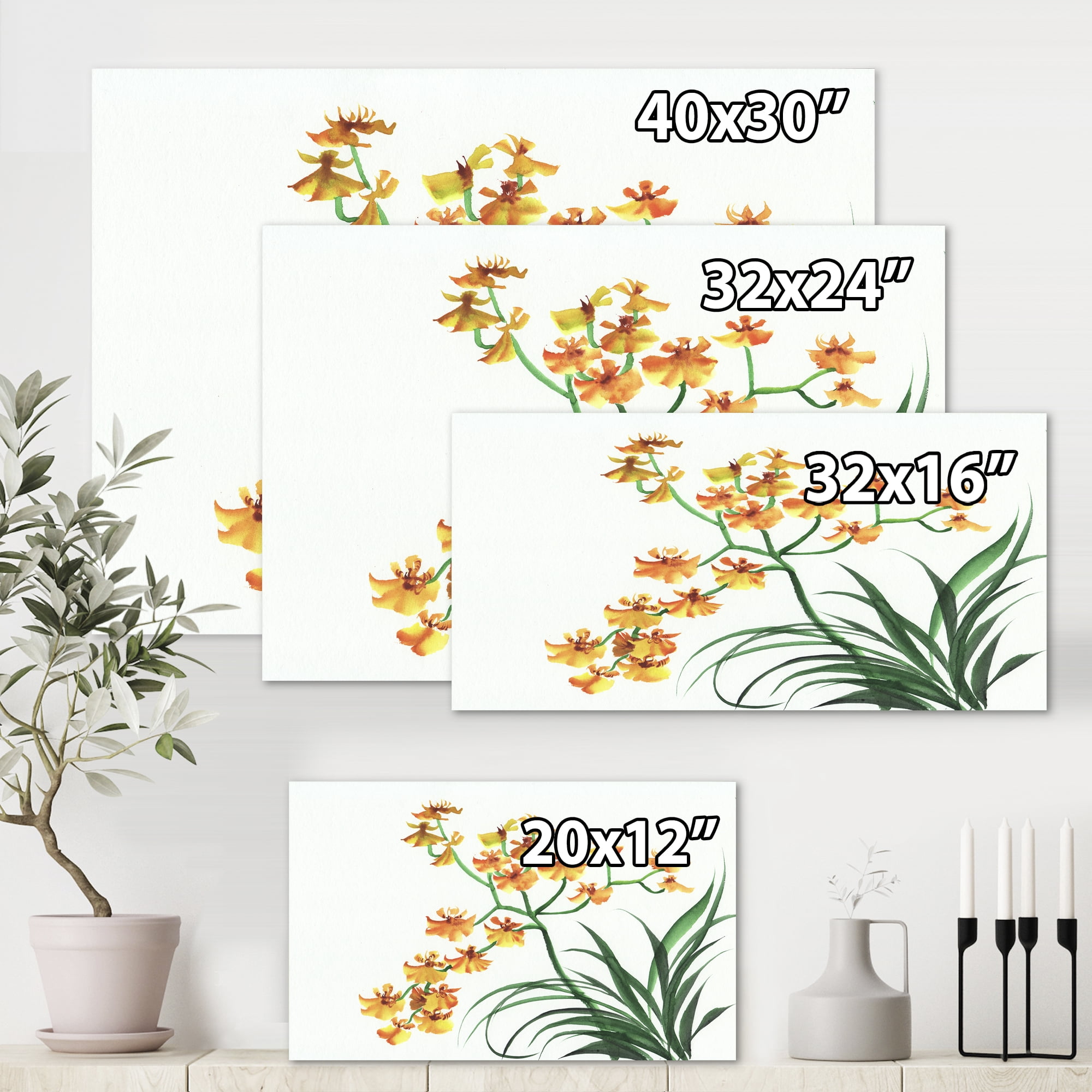 Designart ' Yellow Vintage Orchids On White ' Traditional Canvas Wall Art Print
