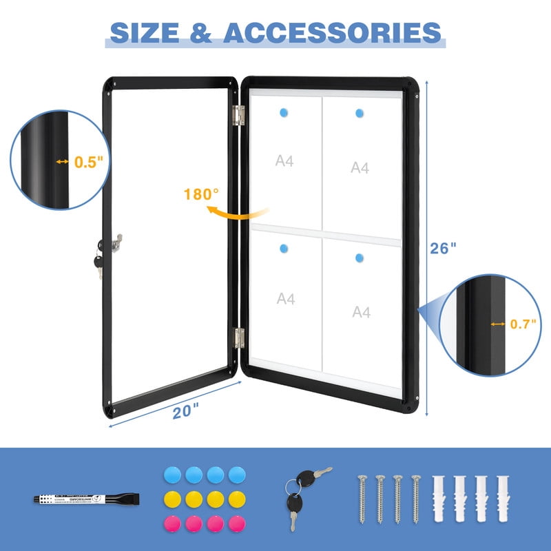 Enclosed Lockable 26"x20" Magnetic Whiteboard Cabinet for Wall Outdoor Use Noticeboard Tamperproof Dry Erase Cabinet for Wall Office with 4 Magnets, Black Aluminium Framed