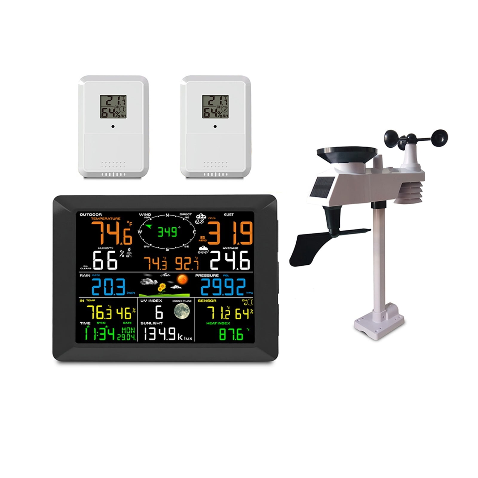 Weather Station Digital Alarm Wall Clock Indoor 2pcs Outdoor Humidity Pressure Anemometer Rain Gauge ,Easy to Install