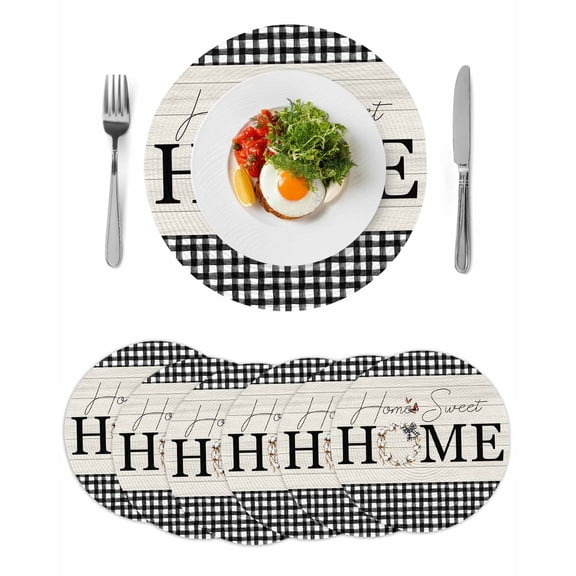 Farmhouse Home Round 15 Inch Placemats Set of 6, Black Plaid Vintage Wood Grain Butterfly HeatResistant Non Slip Place Mats for Dining Table, Wipeable Braided Kitchen Table Mats for Housewarming