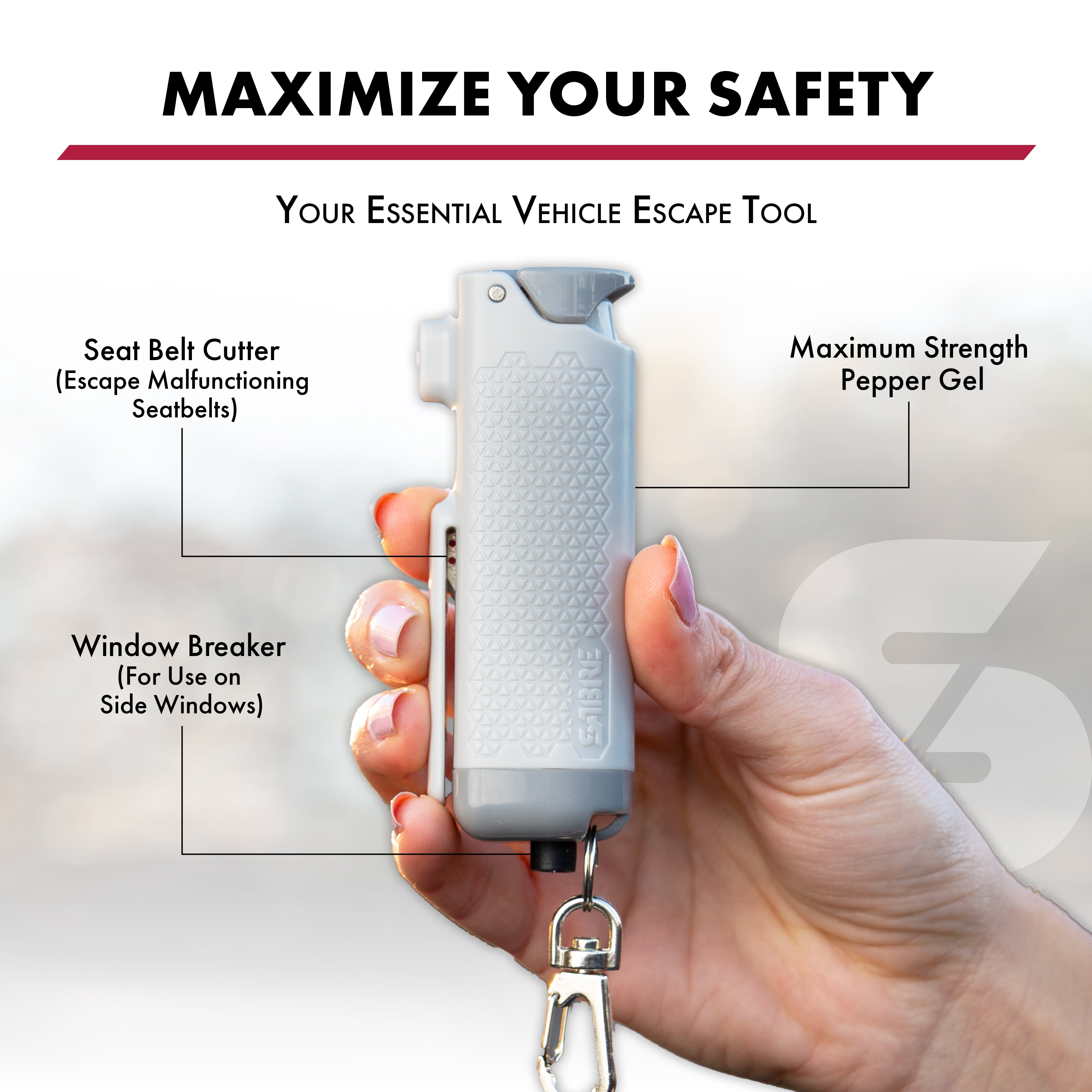 SABRE Safe Escape 3-in-1 Pepper Gel w/ Seat Belt Tool & Window Breaker, Pocket Pepper Sprays, Black