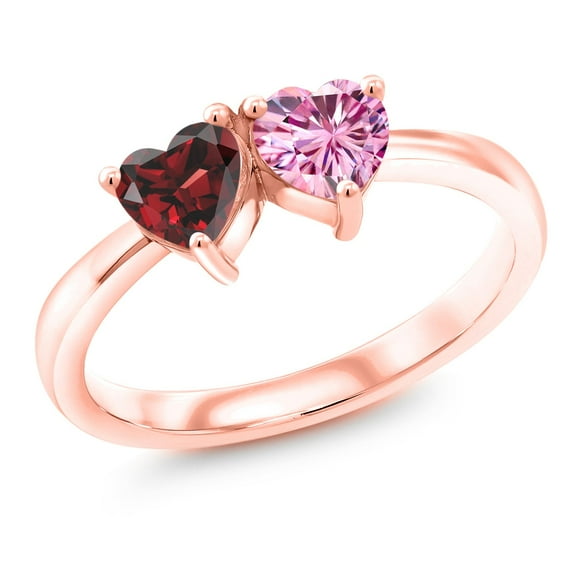 Gem Stone King 18K Rose Gold Plated Silver Fashion Right-Hand Ring Heart Shape Red Garnet and Vivid Pink Moissanite (1.10 Cttw, Size 9)