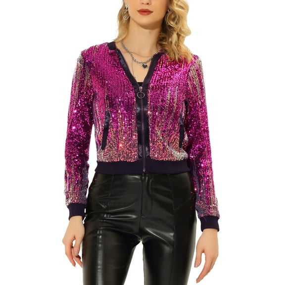 INSPIRE CHIC Women's Sequin Jacket Shiny Ombre Long Sleeve Zipper Sparkle Party Bomber Jackets XS Fuchsia