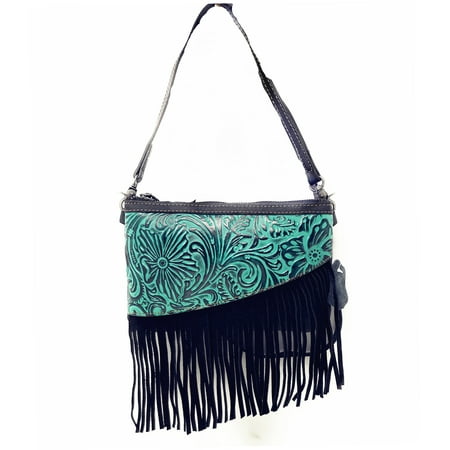 Western Tooled Leather Purse - Handcrafted Leather Western Floral Tooled Womens Fringe Clutch Crossbody Bag