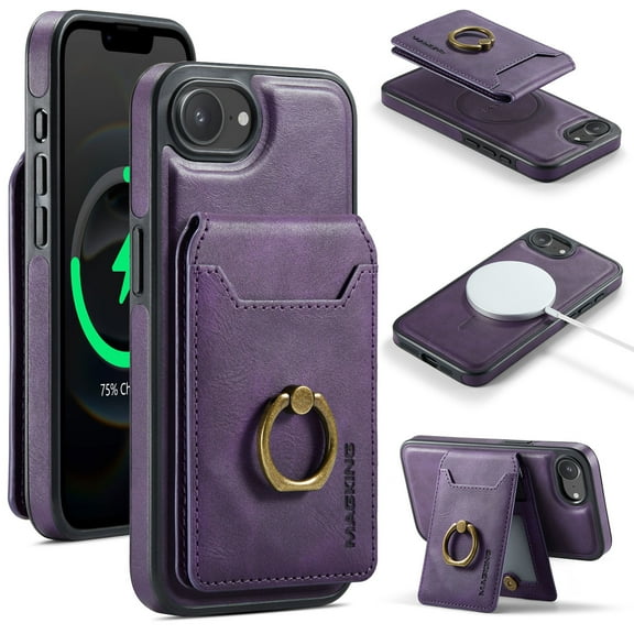 Dteck Magnetic PU Leather Case for iPhone 16E (2025), Compatible with MagSafe Accessory, Detachable Wallet RFID Blocking Card Holder Ring Stand Shockproof Protective Phone Case, Purple