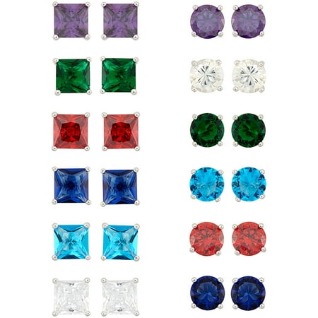 Simulated Gemstone and CZ Sterling Silver Square and Round 5mm Earrings, 12 Pairs
