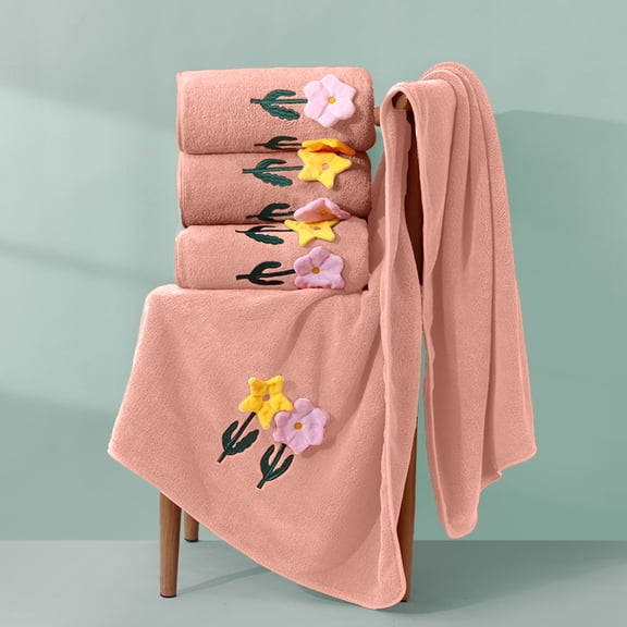 Btomtd Corals Fleece Towesl with Flower Embroidery, Soft Absorbent Bath Towels and Household Face Towels, Shower Towel and Hair Drying Washcloth, 1-Pack, Size 55" x 28", Pink