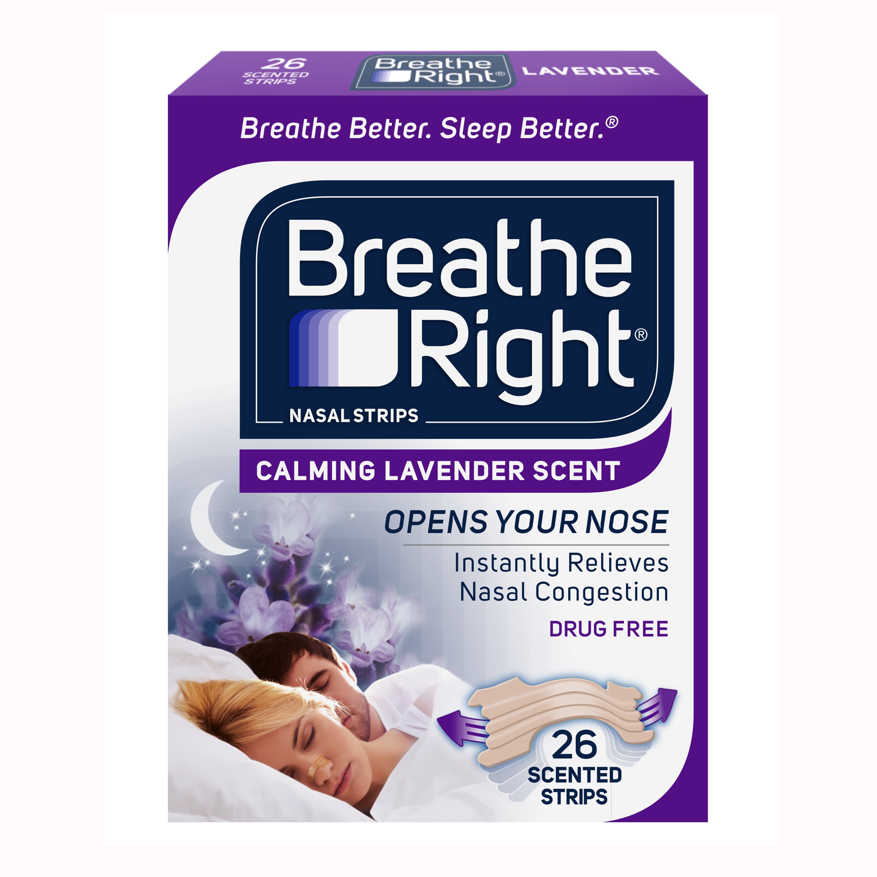 Breathe Right Nasal Strips, Calming Lavender Scent, Extra Strength Tan Nasal Strips, Help Stop Snoring, Drug-Free Snoring Solution & Nasal Congestion Relief Caused By Colds & Allergies, 26 Ct