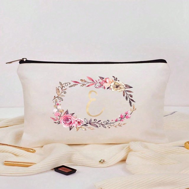 Lindbes Letter A-Z Flower Print Makeup Bag Gift For Girls Cute Retro Simple Fashion Letter Pattern Printed Bag Storage Bag Cosmetic Pouch For Small Items Storage Storage Bag Makeup Sto