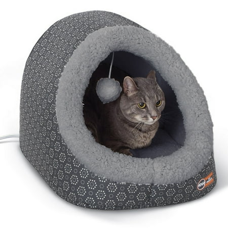 K&H Pet Products Thermo-Pet Cave Cat Bed Heated Gray/Geo Flower 17 X 15 X 13 Inches