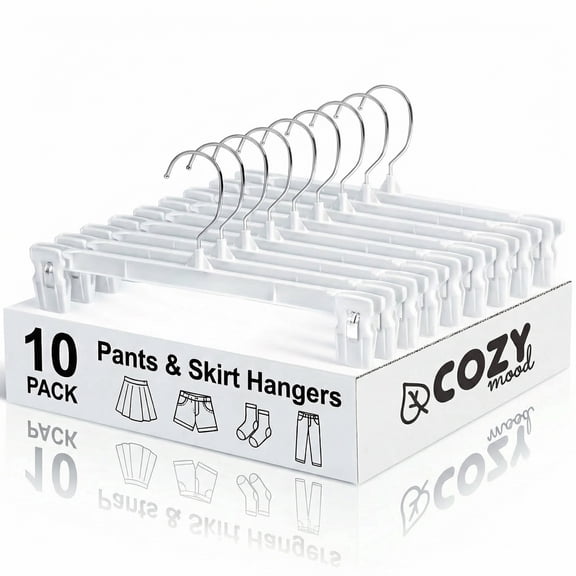 Cozymood Pants Hangers, 10 Pack Skirt Hangers Space Saving, 12 inch Non Slip Plastic Bottoms Hangers with Clips, Clips Hangers for Shorts, Skirt, Bottoms, Jeans