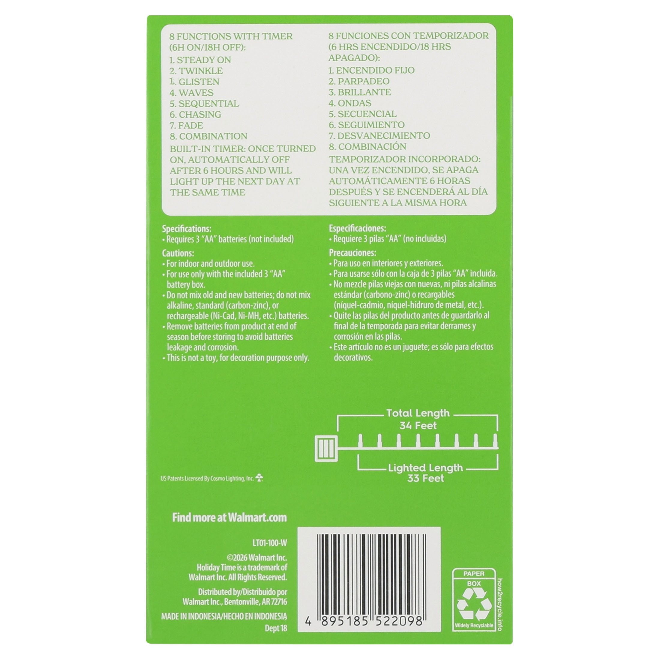 Indoor/Outdoor 100-Count Battery-Operated LED 8-Function Ultra Slim Wire Christmas String Lights, Warm White, Green Wire, 33', by Holiday Time