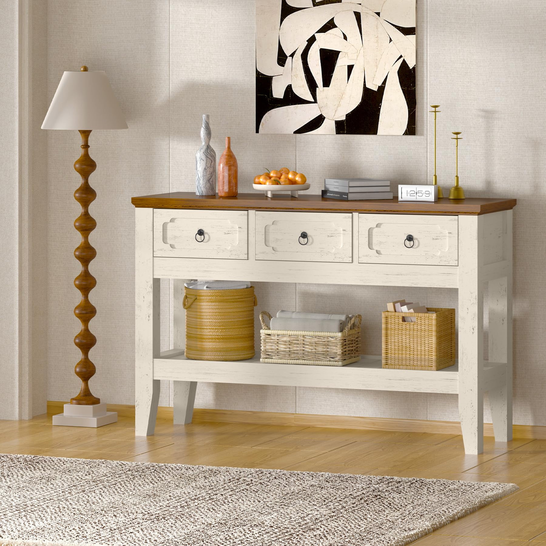 Danolapsi 47" Console Table with Drawers, Farmhouse Rustic Entryway Table with Bottom Shelf and Solid Wood Legs for Entryway, Living Room, Entrance, Foyer, Easy Assembly