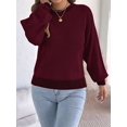 thumbnail image 5 of Women Casual Knit Crew Neck Contrast Striped Lantern Long Sleeve Loose Knit Pullover Sweater Wine Red XL, 5 of 9