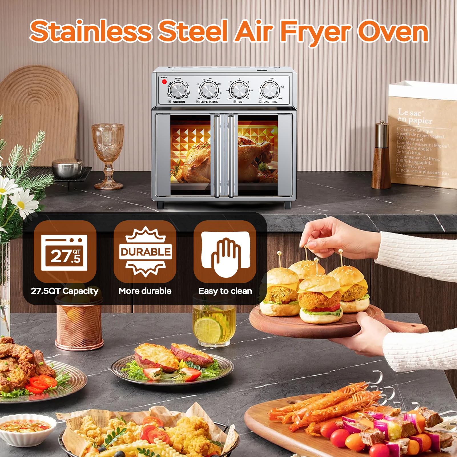 27.5 Quart 6 Slices Large Air Fryer Convection Toaster Oven, French Door, 1700W, Multifunction Oven for Air Fryer, Toast, Grill, Defrost, Bake, Time and Temperature Controls, Silver