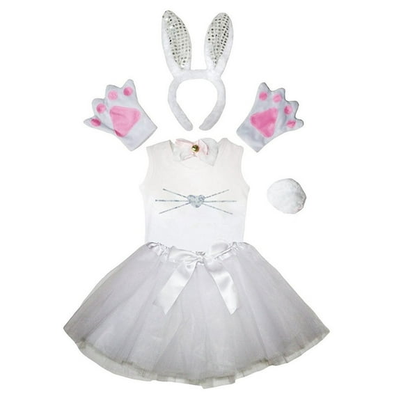 Petitebelle Bunny Nose Headband Bowtie Tail Gloves Tutu Shirt 6pc Costume (White/White Sequins, 6-8 Years)