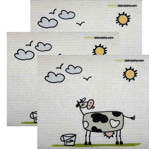SWEDEdishcloths Ensemble de 3 Torchons Suédois Chaque Torchons Suédois Design Vache Amusante au Soleil / Chiffon Absorbant Écologique Lingettes de Nettoyage Écologiques
