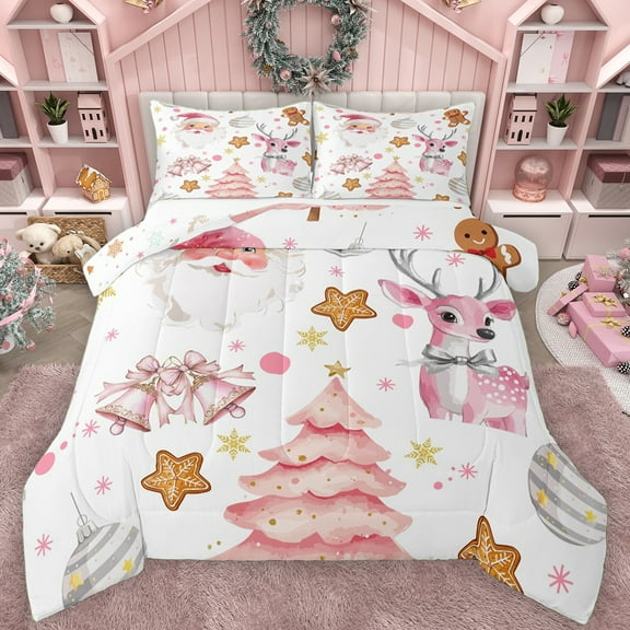 Manfei Watercolor Xmas Tree Bedding Comforter Set for Kids, Kawaii Pink Reindeer Twin Comforter Sets, Funny Santa Claus Reversible Bedding Set, Microfiber Bedroom Decor, 2 Pieces