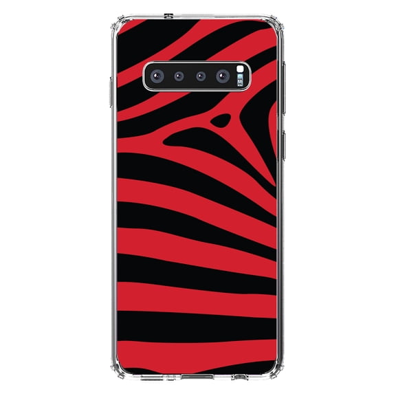 DistinctInk Clear Shockproof Hybrid Case for Samsung Galaxy S10 (6.1" Screen) - TPU Bumper, Acrylic Back, Tempered Glass Screen Protector - Black Red Zebra Skin Stripes