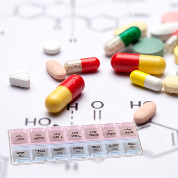Caja de medicamentos para pastillas de 7 días, semanal, 2 filas, 14 rejillas, soporte para tableta, organizador de almacenamiento Likrtyny Batería de cocina