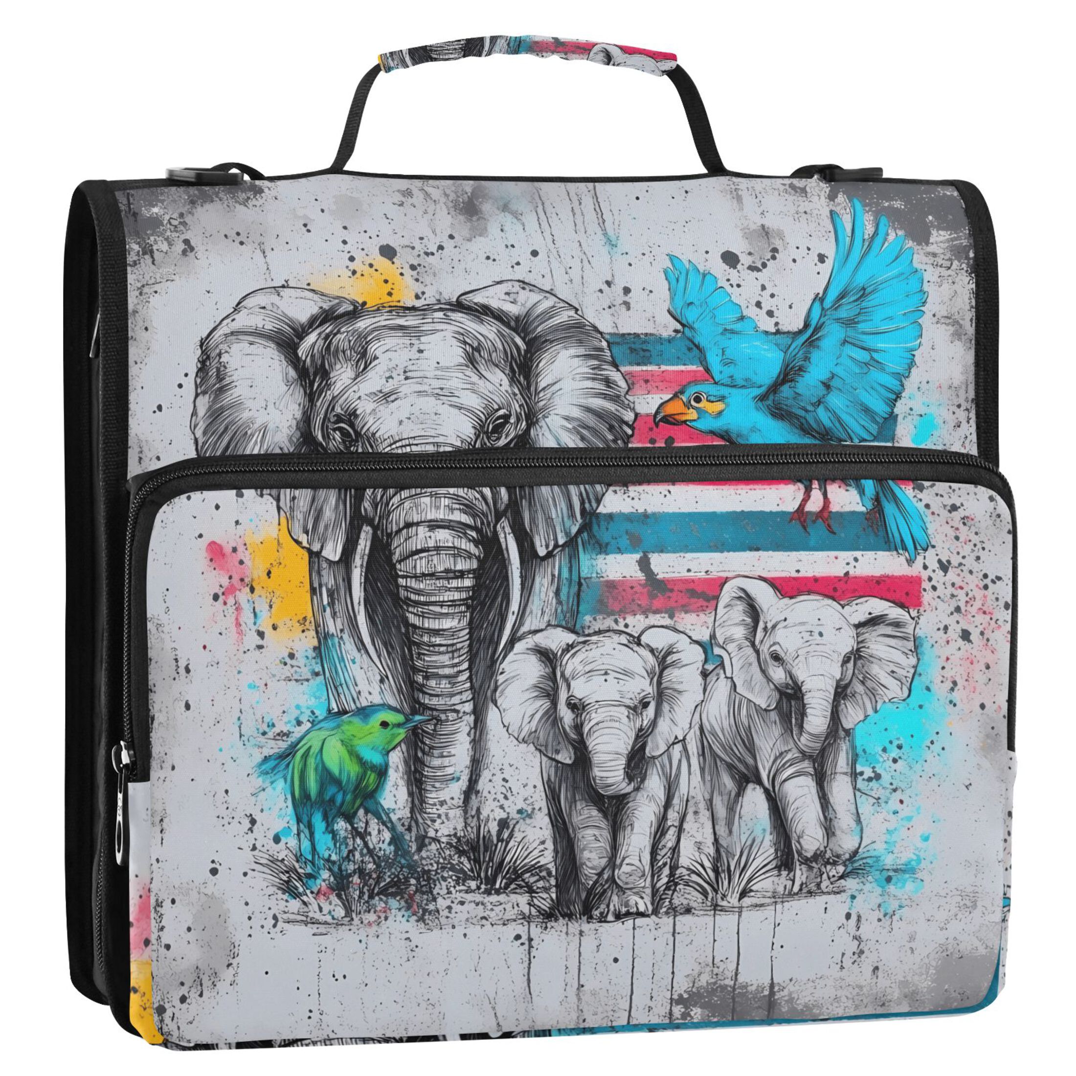 3 Ring Zipper Binder with Shoulder Strap Waterproof Trapper Keeper 2 Inch D-Ring 500 Sheets Capacity Elephants Birds