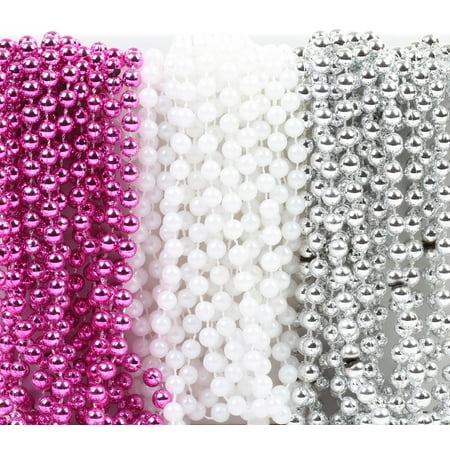 Mardi Gras Plastic Bead Necklaces Trio for Girl Elephant Baby Shower Party Favors, Pink, Pearl White and Silver 36-Pack