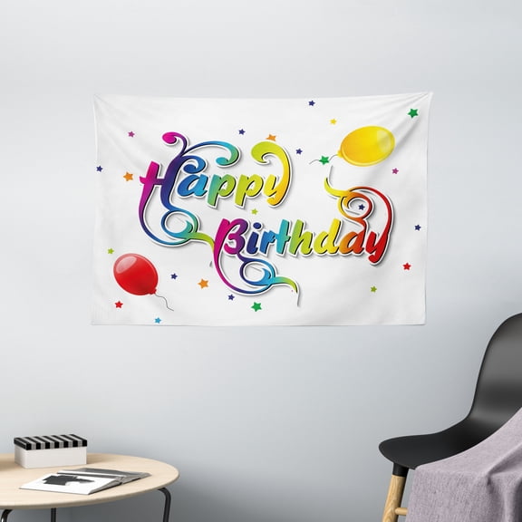 Birthday Decorations Tapestry, Happy Birthday Words with Floral Swirled Details Stars Flying Balloons, Wall Hanging for Bedroom Living Room Dorm Decor, 60W X 40L Inches, Multicolor, by Ambesonne