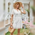 thumbnail image 6 of IBTOM CASTLE Women Short Sleeve Hollow Out Mini Dress Summer Casual Ruffle A-Line V Neck Sundress Beach Lace Vacation Dress XL White, 6 of 8