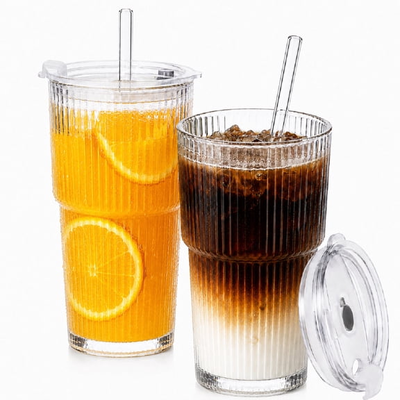 VioCloud Glass Cups for Iced Coffee, 20 oz Ribbed Glass Tumbler with Lids and Straws, 2 Pack Cups with Straw Brush