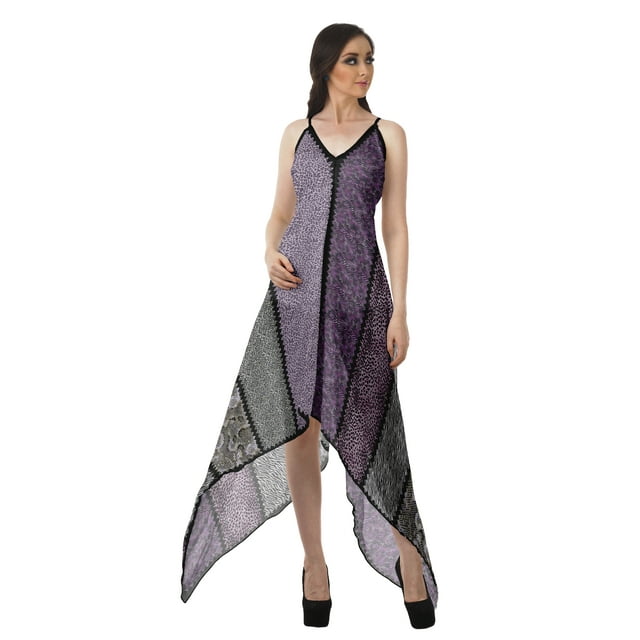 Moomaya Robe à Ourlet en Foulard pour Femmes, Imprimée, Col en V, Ourlet Asymétrique