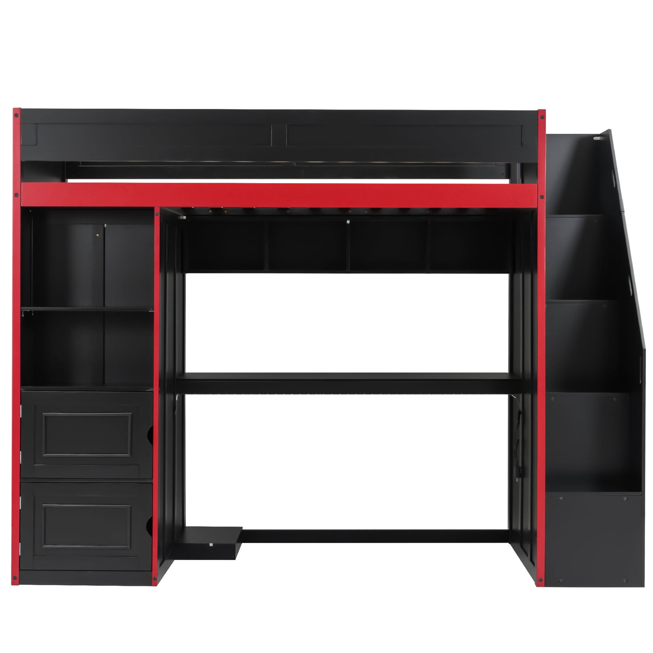 Noble House Mira Twin Gaming Loft Bed, Desk with Storage Locker & LED Lights, Solid Wood Frame, Black and Red
