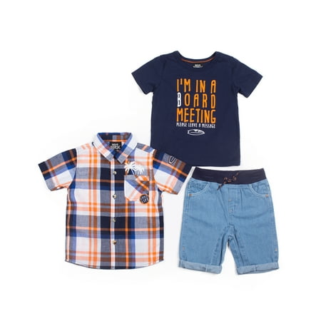 Bra Boy Short Set - Baby Toddler Boy Short Sleeve Plaid Woven Shirt, T-shirt & Denim Shorts, 3pc Outfit Set