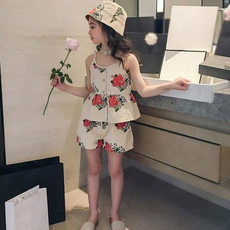 

Elaydool 3PCS Children Girl Flower Suit Princess Halter Sleeveless Top+Floral Bucket Sun Hat+Shorts Casual Kid Clothes Summer Set
