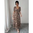 thumbnail image 4 of Chocolate Brown Womens V-Neck Off-Shoulder Puff Sleeve Ruched Waist A-Line Floral Maxi Dress, 4 of 7