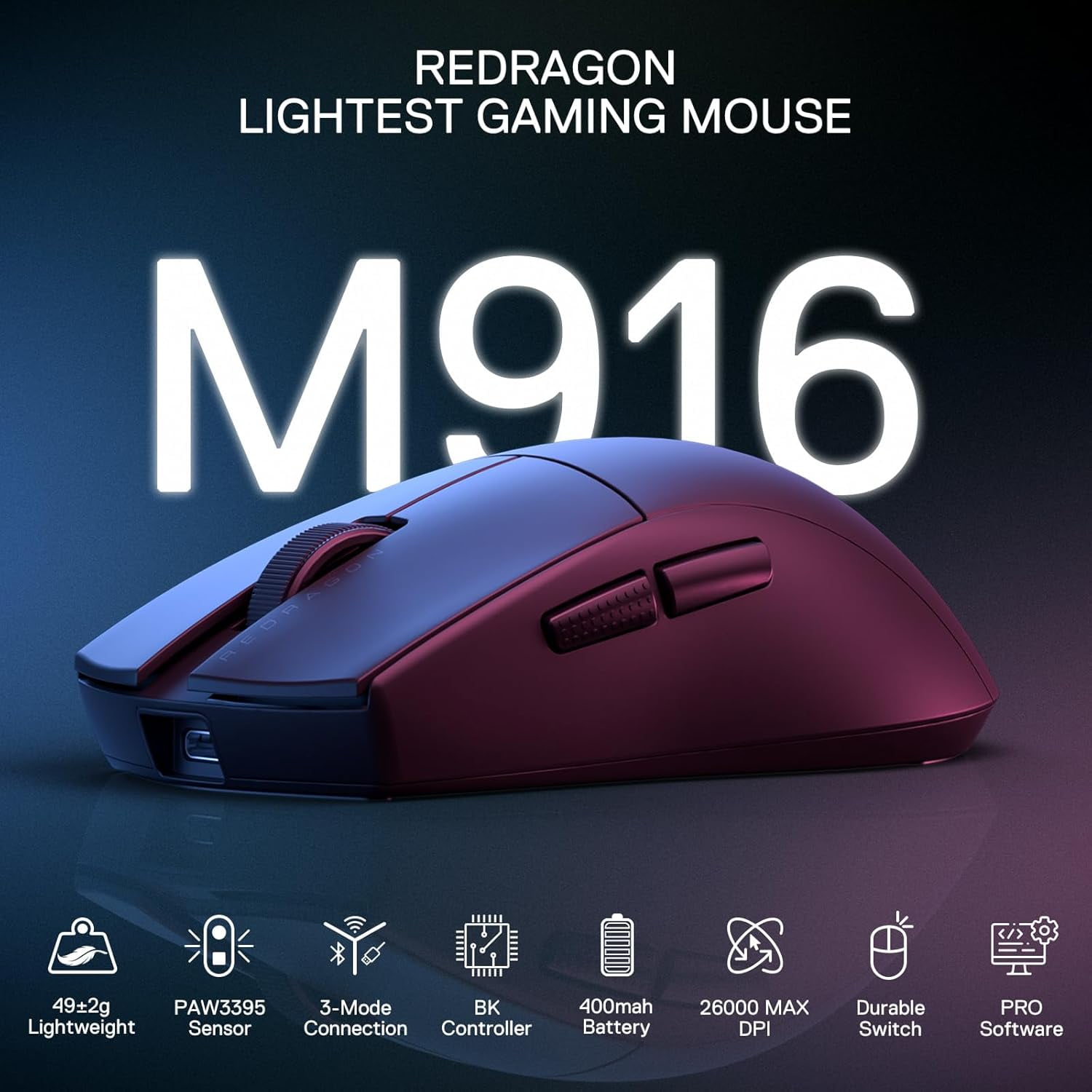 Redragon M916 PRO 3-Mode Wireless Gaming Mouse, 49G Ultra-Light 26K DPI Gamer Mouse w/Ergonomic