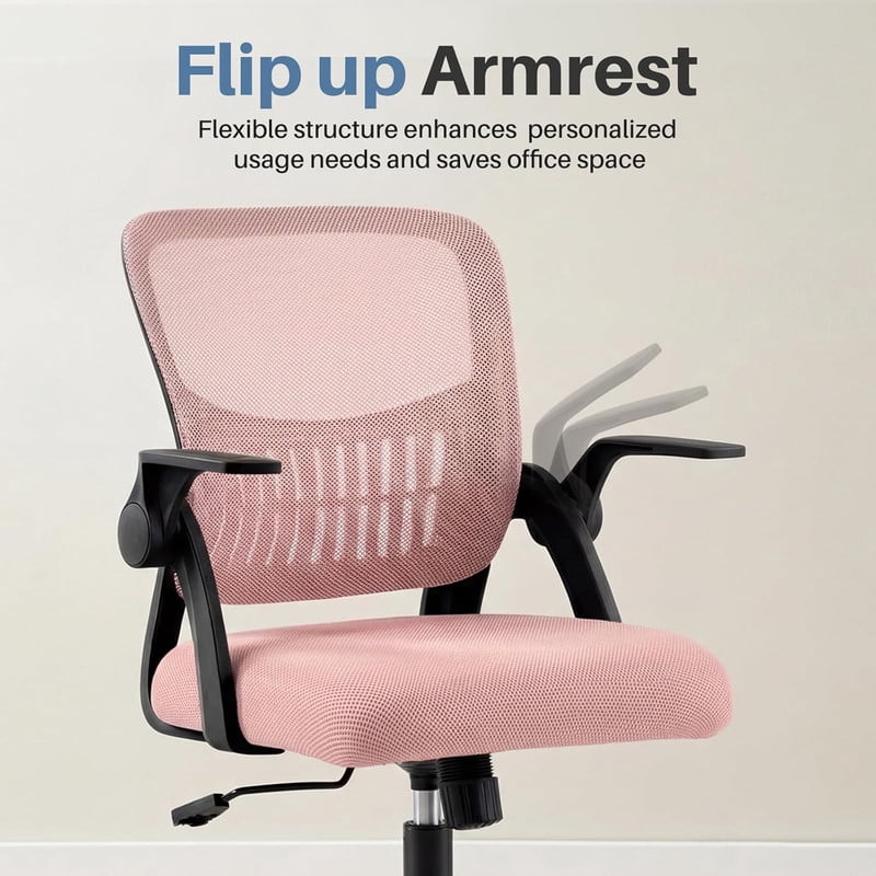 Simenmax Ergonomic Office Chair, Home Desk Computer Mesh Chair with Flip-Up Arms, Breathable Mid Back Chair for Small Spaces, Pink