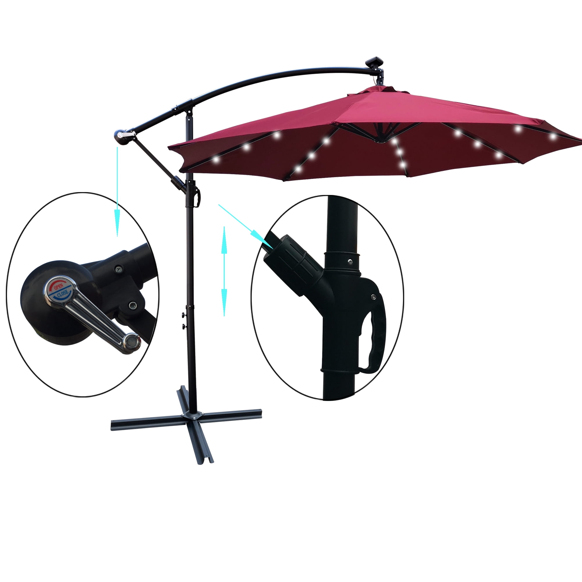 10 FT Round Outdoor Patio Umbrella, Solar LED Lighted Waterproof Sun Shade Umbrella with Stable Base, Burgundy