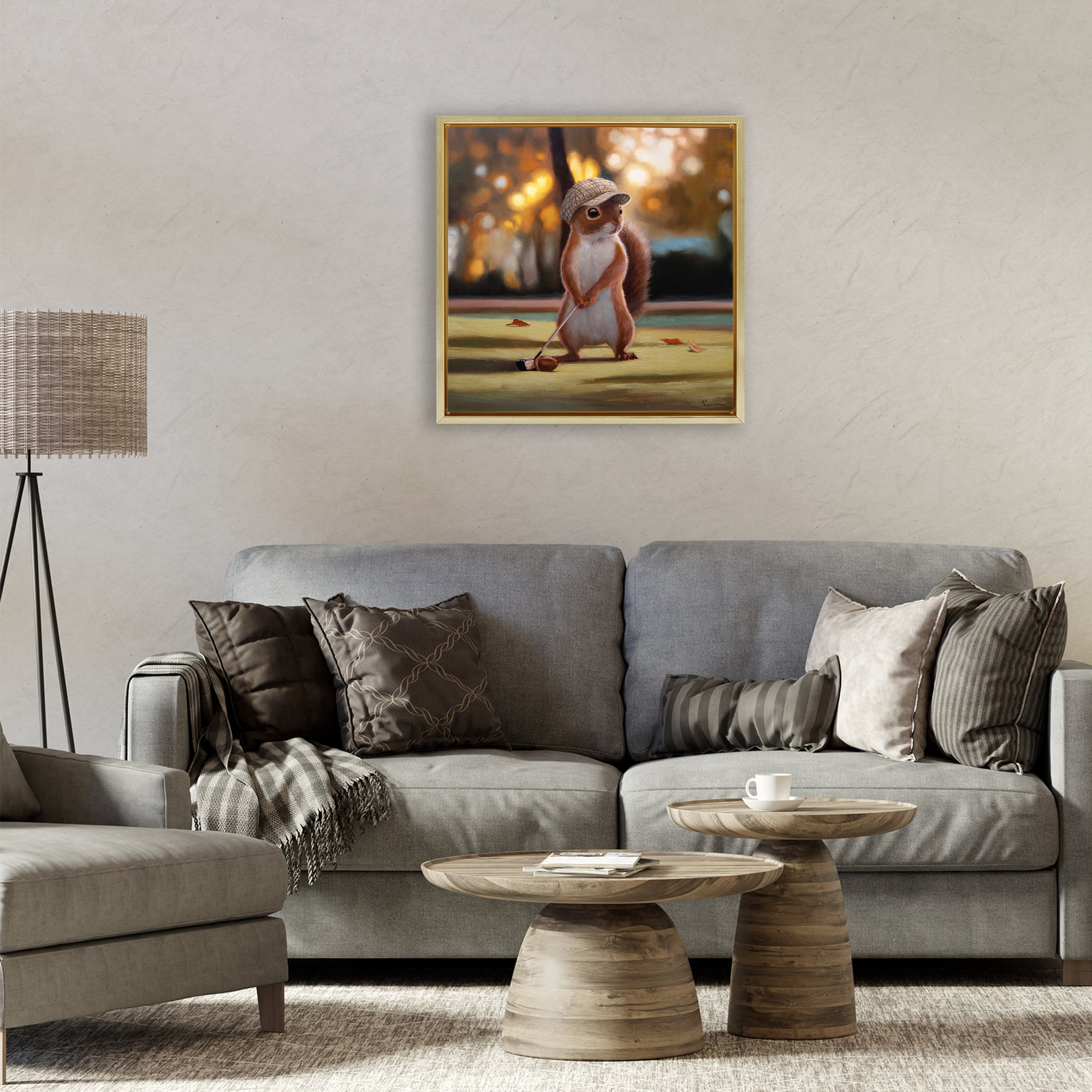 Stupell Industries Golf Nut Squirrel Gold Framed Floater Canvas Wall Art, design by Lucia Heffernan