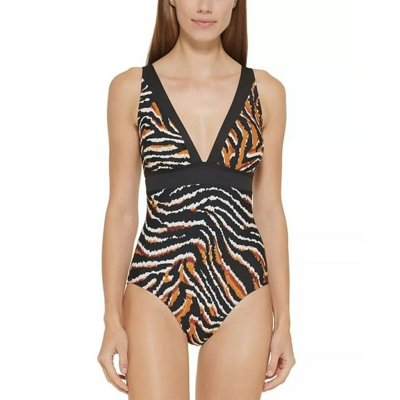 DKNY BLACK MULTI Tiger-Print One-Piece Swimsuit, US 12