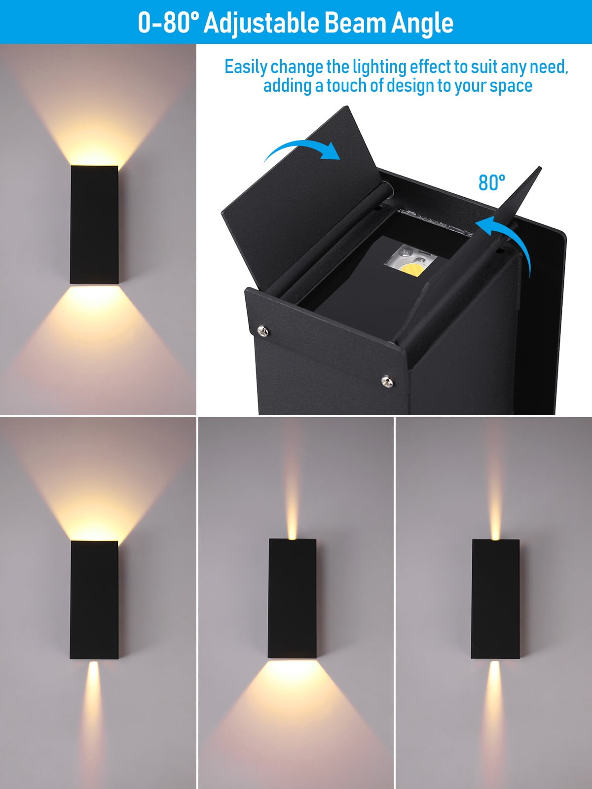 2 Pack 5CCT LED 12 Inch Up Down Wall Sconces, Beam Angle Adjustable, Square Exterior Wall Lights, 100-277V, 1800LM, IP65 Waterproof, CRI90, ETL Listed