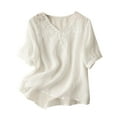 thumbnail image 2 of Fesfesfes Womens Shirts Womens Spring Summer Solid Color Casual Loose Fashion T-Shirt Short Sleeve V-Neck Embroidery Tops Cotton And Linen Blouse Womens Tees M(US:6), 2 of 6