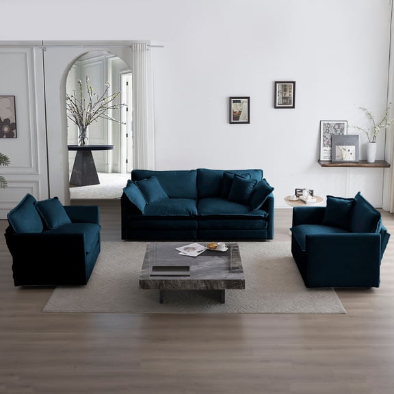 3 Piece Sofa Set with Arm Pillows and Toss Pillows, Sofa Set Include 2- Piece of Arm Chair and One 2-seat Sofa, Space Saving Casual Sofa Set for Living Room (Blue)