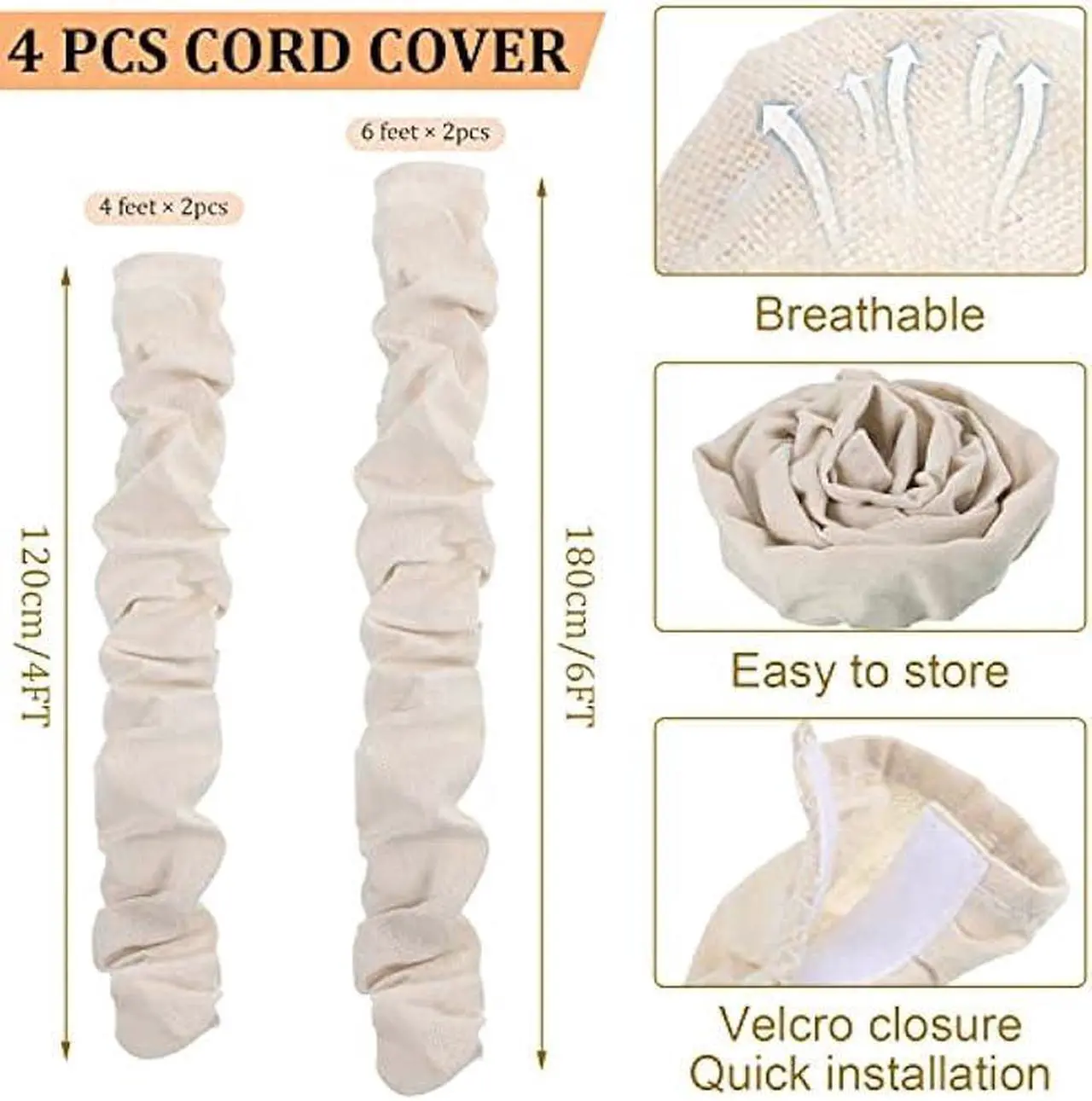 4 Pcs Fabric Cord Cover Chain Cable Sleeve Chandelier Lighting Wire Management Light Brown
