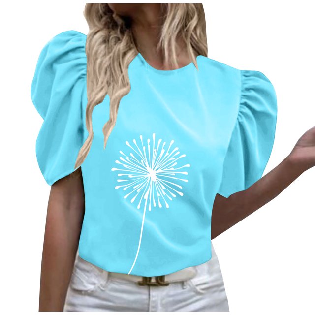 Été Tops pour Women Col Rond Imprimé Floral Manches Courtes Bouffantes Blouse Habillée Décontractée Confortable pour Sortir T-Shirts