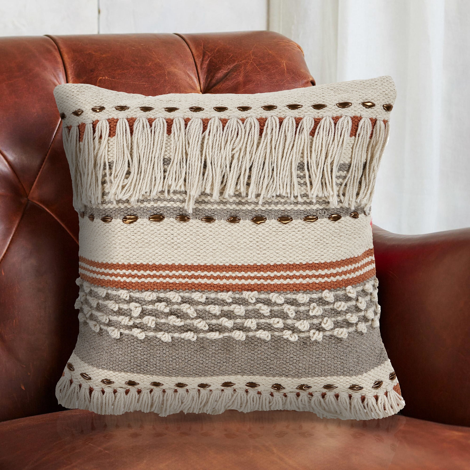 Laddha Home Designs Handwoven Striped Cotton Throw Pillow Cover - 18" - Beige and Orange