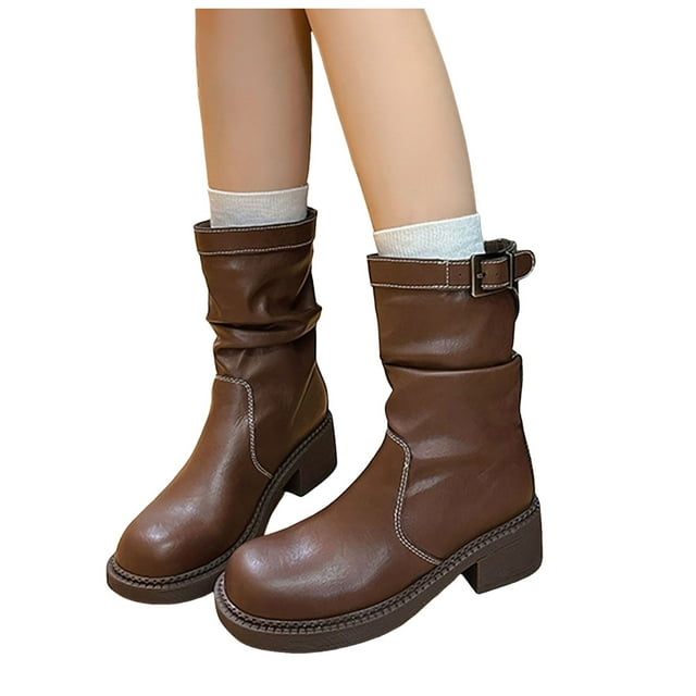 Womens Platform Mid Calf Combat Boots Wide Feet Fashion Leather Chunky Low Heel Motorcycle Riding Short Booties