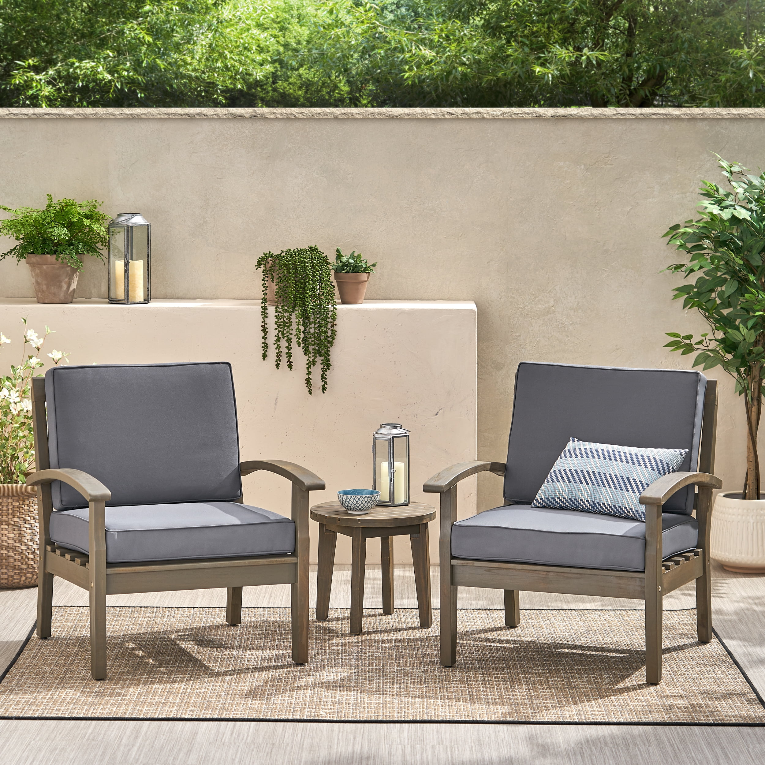 Outdoor Single Acacia Wood Club Chair, Comfort Leisure Seat for Patio Garden, Gray