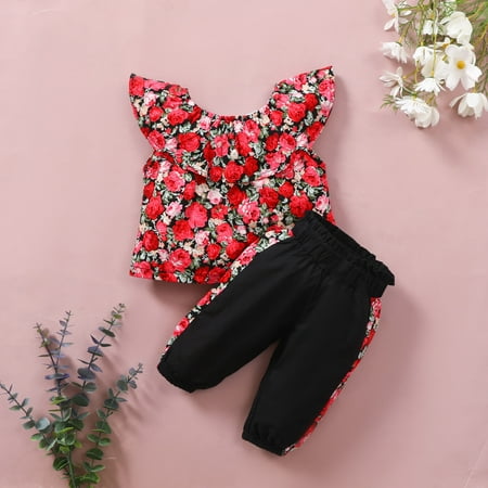 

Toddler Kids Baby Girls Floral Print Fly Sleeve Ruffled Tops Pants Outfits Set