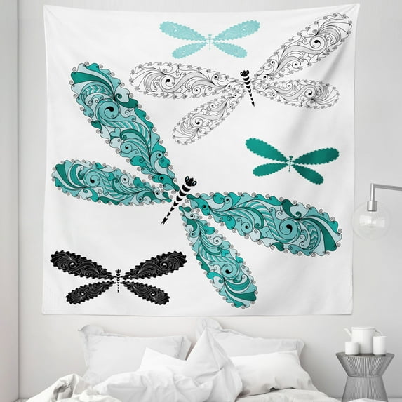 Dragonfly Tapestry, Ornamental Winged Bug Lace and Damask Effects Image, Fabric Wall Hanging Decor for Bedroom Living Room Dorm, 5 Sizes, Teal Turquoise Black, by Ambesonne