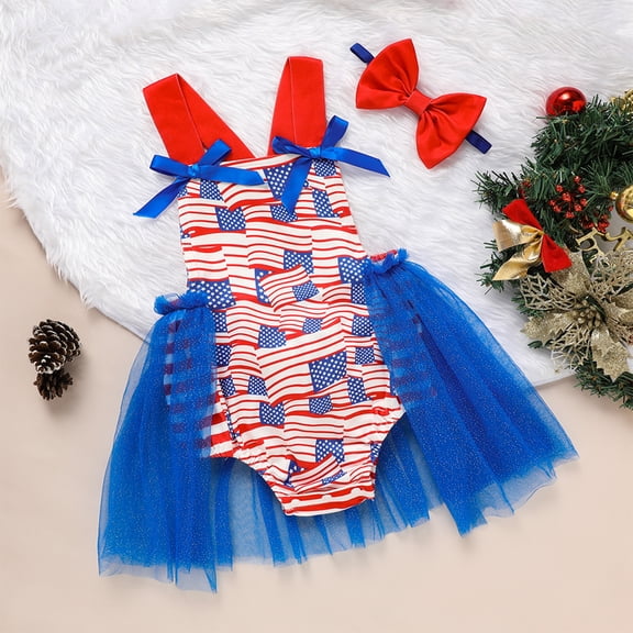 ZEHJUHAN Summer Baby Girls Independence Day Bodysuit Flag Pattern Triangle Romper with Bowknot for Outdoor Blue,0-3M